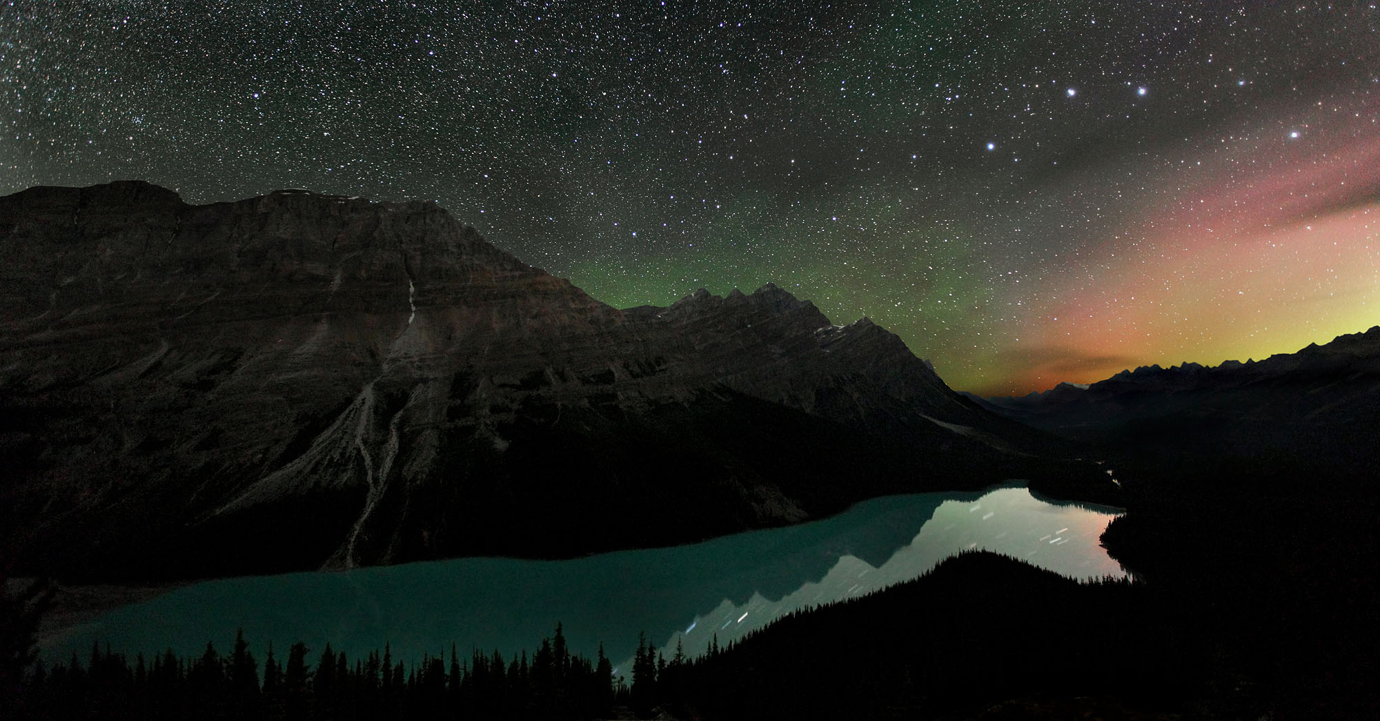 Rote und grüne Polarlichter flackern lautlos über den sternenklaren Nachthimmel über dem Peyto Lake in den kanadischen Rocky Mountains bei Banff.