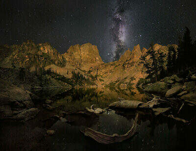 The milky way above Emerald Lake in Bear Lake Basin of Rocky Mountain National Park.