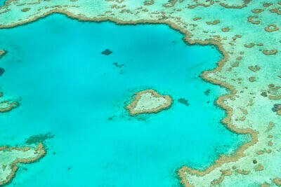 Flying over Hardy Reef, the heart-shaped coral island in the Great Barrier Reef offshore Queensland in Australia.