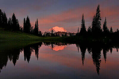 Sunrise reflection of snowcapped Mount Rainier with trees and clouds in Tipsoo Lake at Chinook Pass