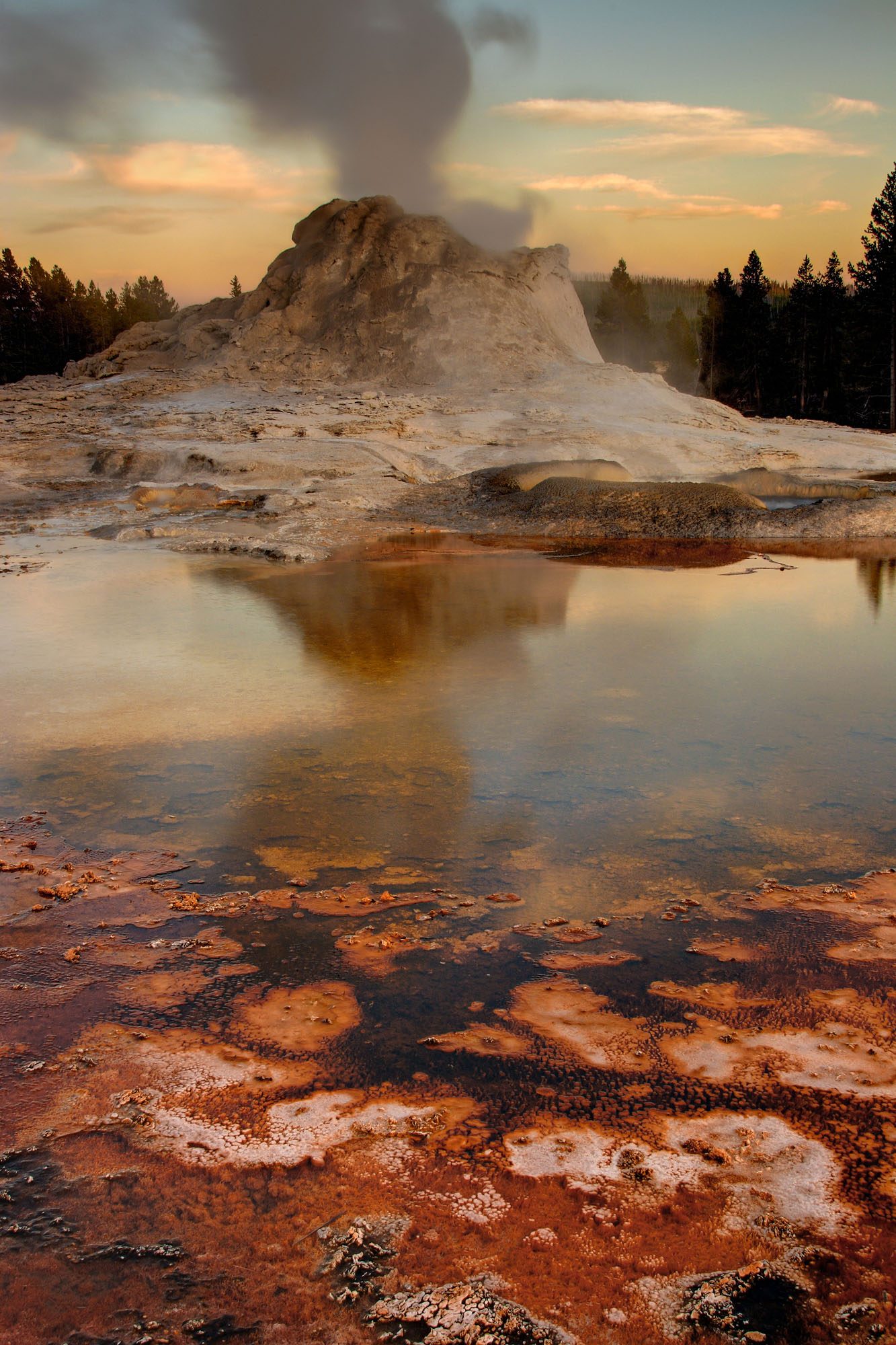 Castle Geyser in the Upper Geyser Basin of Yellowstone, surrounded by red and brown microbe mats.